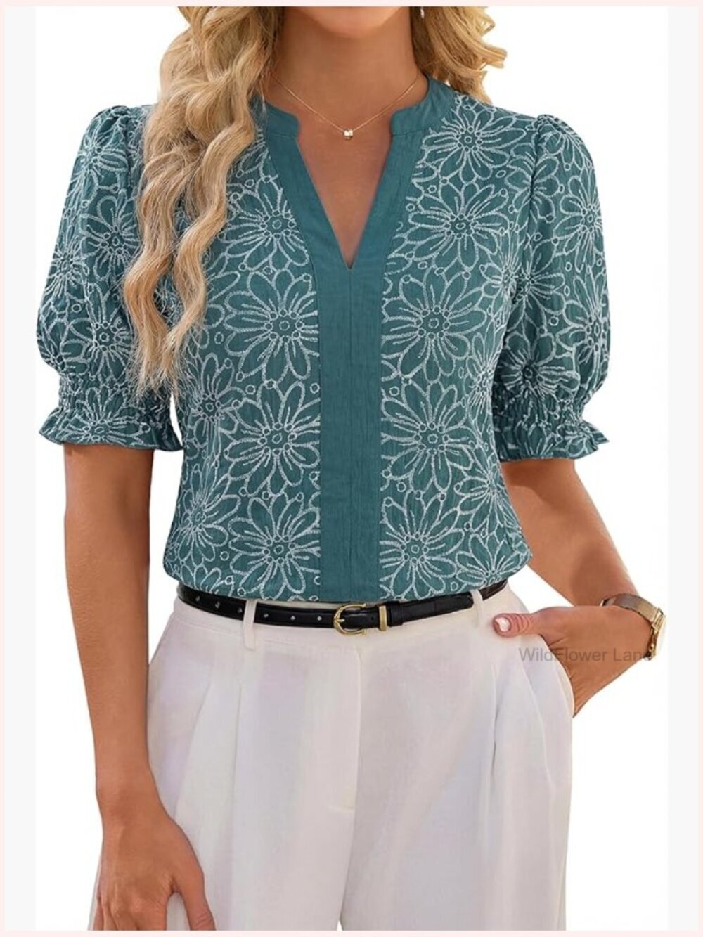 Puff Ruffled Sleeves Dressy Casual Blouses V Neck Tops Color Blocked Work Shirts